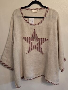 Paper Lace Womens Linen Star Top Red Cream July 4th Size 2X NWT